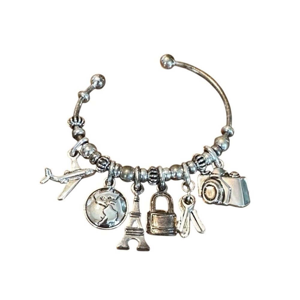 Travel Themed Charm Bracelet Silver Tone Unbranded‎ Cuff Globe Airplane Eiffel
